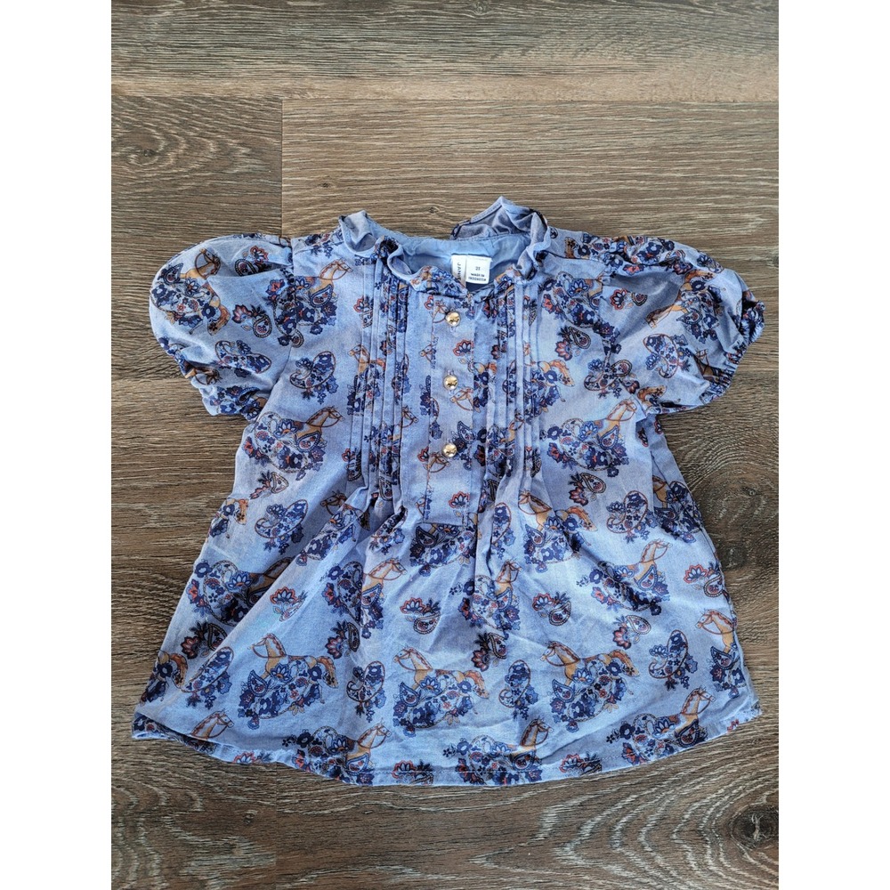 Janie and Jack Toddler Girls Blue Horse Paisley Pintuck Blouse Top 2T Western #1